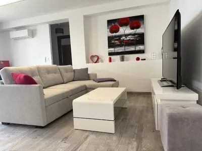 a living room with a couch and a flat screen tv at Confortable T3 10 min plage in Lucciana