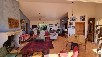 a living room filled with furniture and a fireplace at CASA 'LLU PILOTA - Grand appartement dans villa plein sud vue mer - Large apartment in a south-facing villa with sea view in Porto-Vecchio