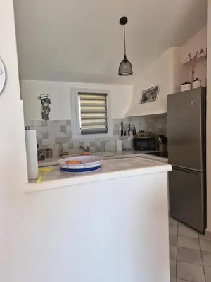 a kitchen with a refrigerator and a counter top at Les Terrasses du Levant in Porto-Vecchio