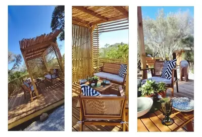 two pictures of a porch with chairs and a table at Glamping luxe entre mer et maquis in Ajaccio