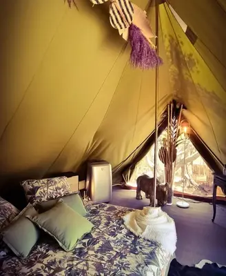 a bed in a tent with a dog in a room at Glamping luxe entre mer et maquis in Ajaccio