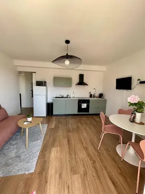 a living room with a couch and a table at Le Romane- appartement T2 proche centre-ville et parking gratuit in Ajaccio