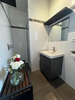 a bathroom with a vase of flowers and a sink at Maison à 2 minutes de la mer en voiture in Sorbo-Ocagnano