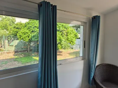 a window with a blue curtain in a room at Le nid des agrumes in Lucciana