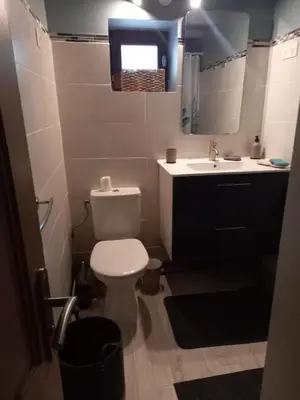 a bathroom with a white toilet and a sink at Appartement Casa Rose in Sollacaro