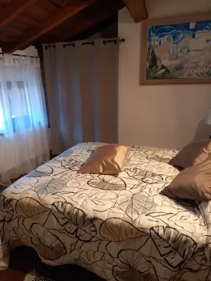 a bed with a comforter and pillows in a bedroom at Appartement Casa Rose in Sollacaro