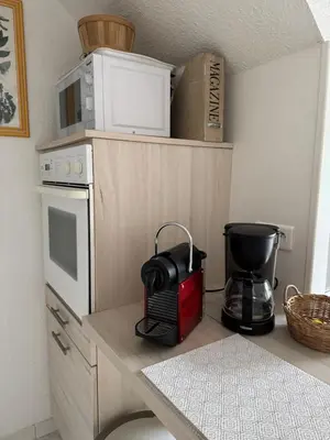 a kitchen with a microwave and a coffee maker on a counter at Mini villa Corse du sud Residence U Re D Alzetu in Lecci