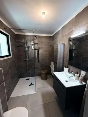 a bathroom with a shower and a sink at Appartement neuf Porticcio in Porticcio