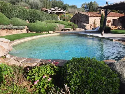 a large swimming pool in a yard with flowers at Casa di Sognu in Porto-Vecchio