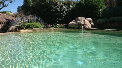 a large pool of water with a fountain in a yard at Casa di Sognu in Porto-Vecchio