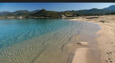a beach with water and mountains in the background at Studio Corse bord de mer in Calcatoggio
