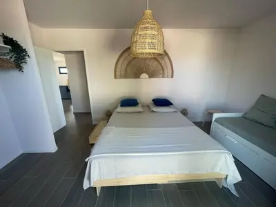 a bedroom with a large bed and a chandelier at U Mandriolu in Prunelli-di-Fiumorbo