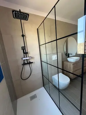 a bathroom with a toilet and a mirror at U Mandriolu in Prunelli-di-Fiumorbo