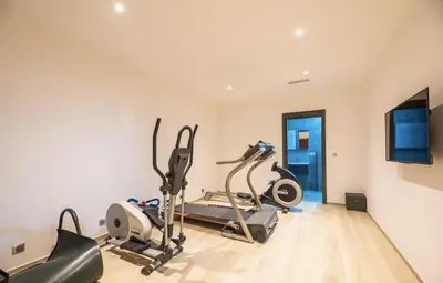 a gym with treadmills and ellipticals in a room at Villa Bianca in Zonza