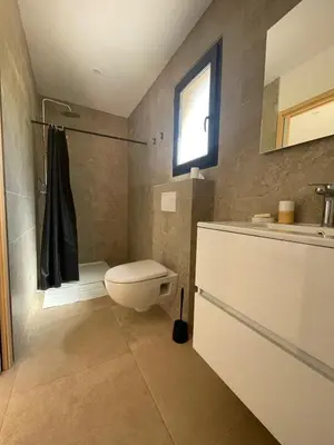 a bathroom with a toilet and a sink and a shower at T2 Cosy dans le village de Piana in Piana
