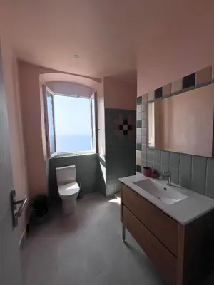 a bathroom with a toilet and a sink and a window at 55m2 de charme - Vue exceptionnelle églises & mer in Cargèse