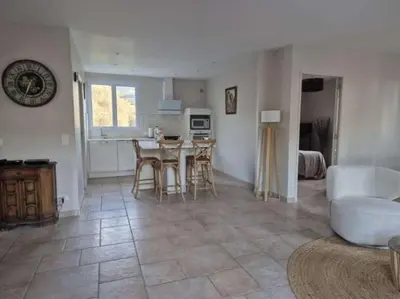 a kitchen and living room with a table and chairs at U PINU Appartement 3 chambres in Olmeto