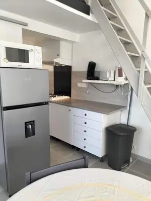 a kitchen with a refrigerator and a counter with a ladder at Studio avec mezzanine in Cuttoli-Corticchiato