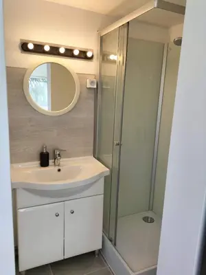 a bathroom with a sink and a shower at Studio avec mezzanine in Cuttoli-Corticchiato
