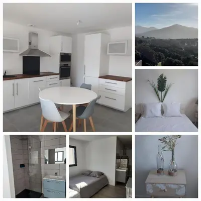 a collage of photos of a kitchen and a room at Proche Porticcio superbe T3 confort moderne au calme belle vue maquis et montagne in Eccica-Suarella