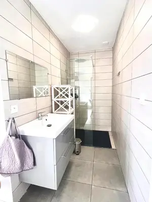 a bathroom with a white sink and a mirror at Proche Porticcio superbe T3 confort moderne au calme belle vue maquis et montagne in Eccica-Suarella