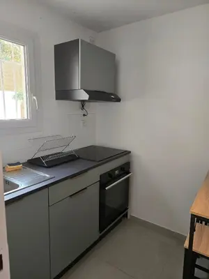 a kitchen with a sink and a stove top oven at Les myrtes in Propriano