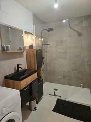 a bathroom with a sink and a shower at Les myrtes in Propriano