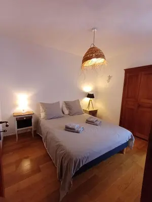 a bedroom with a bed and a chandelier at Appartement en duplex au cœur de Piana in Piana