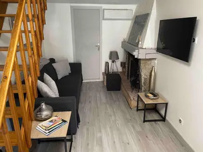 a living room with a couch and a fireplace at T3 en duplex au cœur de Piana in Piana