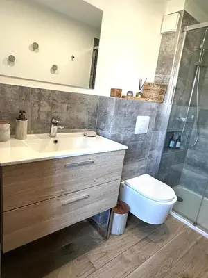 a bathroom with a sink and a toilet and a shower at Appartement avec terrasse privée et piscine in Sarrola-Carcopino