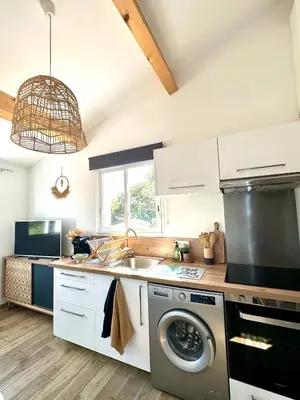 a kitchen with a washing machine and a sink at Appartement avec terrasse privée et piscine in Sarrola-Carcopino