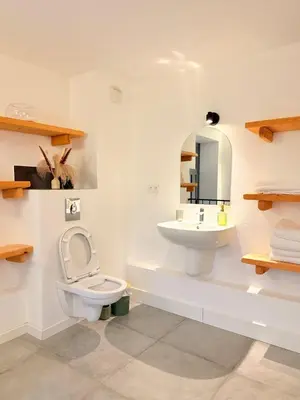 a bathroom with a toilet and a sink at Demeure de charme, appartement du Campu di l altru mondu in San-Giuliano