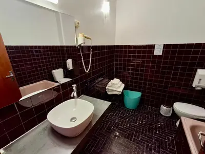 a bathroom with a white toilet and a sink at Grand T2 duplex, terrasse et jardin in Porto Ota