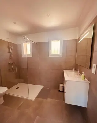 a bathroom with a shower and a sink and a toilet at Villa Poggiole in San-Nicolao