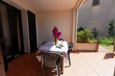 a table with a vase of flowers on a patio at Casa l'Ascosu 2 in Coggia