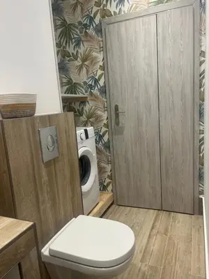 a bathroom with a toilet and a washing machine at villa louise in Calenzana