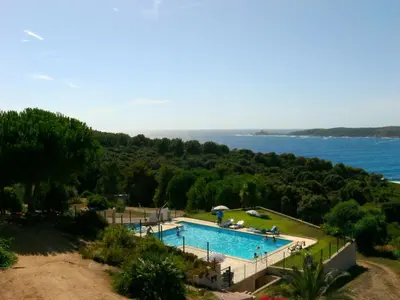 a large swimming pool with a view of the water at Résidence Ellada 3 Appartement 12 in Cargèse