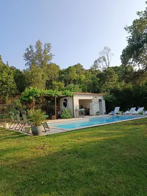 a swimming pool with a group of chairs around it at Chalet et Mobile Home, au sein du maquis Corse avec piscine PRIVATIVE 9mx4m in Zonza