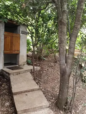 an out house with stairs next to a tree at Chalet et Mobile Home, au sein du maquis Corse avec piscine PRIVATIVE 9mx4m in Zonza