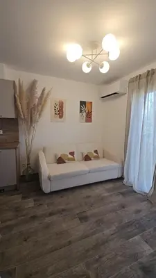 a white couch in a living room with a fireplace at Appartement T2 moderne 2 à 4 personnes in Lucciana
