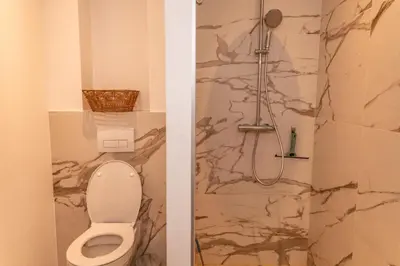 a bathroom with a toilet and a shower at Villa Felicita di Lecci in Lecci