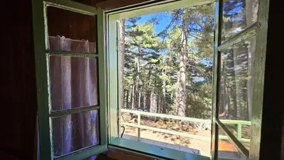 an open window with a view of a forest at CHALET BAVEDDA- Accès chemins de randonnée- Calme - Montagne in Quenza