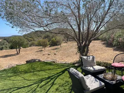 a yard with chairs and a table and a tree at House with sea view, Route de Palombaggia in Porto-Vecchio