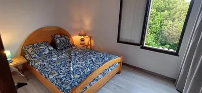 a bedroom with a bed and a window at Duplex bord de mer avec jardin in Serra-di-Ferro