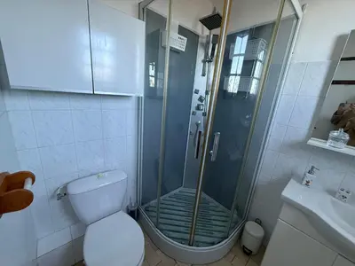 a bathroom with a shower with a toilet and a sink at chez Ange et Maryse à Olmeta di tuda in Olmeta-di-Tuda