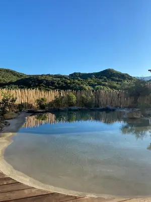 a pool of water next to a wooden fence at U Casellu in Oletta