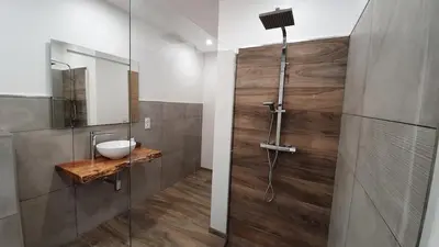 a bathroom with a shower with a sink and a mirror at Appartement neuf avec extérieur de plein pieds in Levie