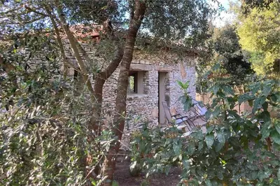 a stone house with a window and trees at charmante bergerie in Bonifacio