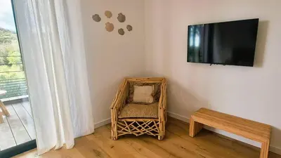 a room with a wicker chair and a television on a wall at Villa Juca, 10 pers, piscine chauffée, 10 minutes plage in Cirendinu