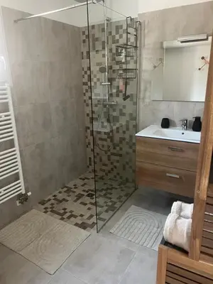 a bathroom with a shower and a sink at Bleu Corse, entre mer et soleil in Ajaccio